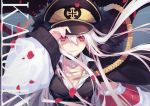  1girl aiguillette albino breasts character_name choker cleavage girls_frontline hat highres iron_cross jacket_on_shoulders kar98k_(girls_frontline) long_hair looking_at_viewer mamusya peaked_cap petals red_eyes smile solo upper_body white_hair 