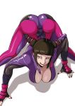  1girl :q all_fours ass black_hair bodysuit breasts capcom cleavage drill_hair gloves han_juri large_breasts looking_at_viewer naughty_face popped_collar raised_eyebrow sho1027 short_hair simple_background smile solo street_fighter street_fighter_v thighs tongue tongue_out twintails violet_eyes white_background 