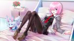  1girl :d bed black_legwear breasts cup dress fate/grand_order fate_(series) flower four_(fate/grand_order) glasses hair_over_one_eye high_heels jacket looking_at_viewer lying necktie on_back open_mouth pantyhose pillow purple_hair saucer shielder_(fate/grand_order) shirotsumekusa smile tea teacup teapot violet_eyes 