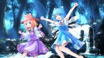  &gt;_&lt; 2girls :d ^_^ arms_up barefoot blonde_hair blue_bow blue_dress blue_eyes blue_hair blush bow cirno clenched_hands closed_eyes dress expressive_clothes hair_bow hair_ribbon hat highres ice ice_wings long_sleeves moriya_suwako multiple_girls neck_ribbon open_mouth outdoors outstretched_arms puffy_short_sleeves puffy_sleeves red_ribbon ribbon ribbon-trimmed_sleeves ribbon_trim risutaru river short_hair short_sleeves skirt skirt_set smile summer touhou water wide_sleeves wings 