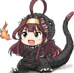  1girl ahoge akiran_(r32) alternate_costume black_eyes brown_hair commentary_request cosplay eyebrows fang fire godzilla godzilla_(cosplay) godzilla_(series) hairband headband kaijuu kantai_collection kongou_(kantai_collection) long_hair monster open_mouth parody sharp_teeth shin_godzilla simple_background solo tail teeth white_background 