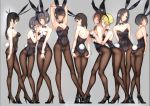  6+girls animal_ears arm_at_side armpits arms_behind_back arms_behind_head arms_up ass bangs bare_arms bare_shoulders between_legs black_eyes black_hair black_legwear black_shoes blonde_hair blunt_bangs blush bodysuit bow bowtie braid breast_grab breasts brown_eyes brown_hair bunny_girl bunny_tail bunnysuit cleavage closed_mouth collarbone commentary_request contrapposto covering covering_breasts covering_crotch detached_collar embarrassed fake_animal_ears fishnet_legwear fishnet_pantyhose fishnets full_body grabbing grabbing_from_behind green_eyes grey_background grey_hair hair_ornament hair_over_shoulder hair_ribbon hairband hairclip hand_between_legs hands_on_breasts hands_on_own_ass hands_on_own_chest hands_on_thighs head_tilt hiding high_heels highres hug hug_from_behind large_breasts leotard long_hair looking_away looking_back looking_down looking_to_the_side medium_breasts multiple_girls original pantyhose parted_bangs profile rabbit_ears revision ribbon shoes short_hair simple_background small_breasts smile smug spread_ass standing strapless strapless_leotard tail thigh-highs thigh_gap tsukino_wagamo twin_braids twintails wrist_cuffs yuri 