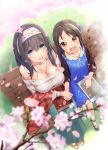  2girls black_hair blue_eyes blush book bow breasts brown_eyes brown_hair cherry_blossoms hair_bow hairband holding_hands idolmaster idolmaster_cinderella_girls jewelry long_hair looking_at_viewer multiple_girls open_mouth pendant sagisawa_fumika smile tachibana_arisu u_(the_unko) 