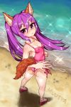  1girl animal_ears ass beach bikini camisole covered_nipples dog_ears elin_(tera) flat_chest foreshortening from_above from_behind kneepits legs long_hair looking_back looking_up muutya ocean purple_hair sandals side-tie_bikini solo striped striped_bikini swimsuit tail tera_online twintails violet_eyes water 