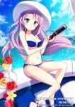  1girl :o bare_shoulders bikini blue_bikini blue_eyes blush breasts cleavage clouds cloudy_sky collarbone drink floating_hair flower hibiscus lavender_hair long_hair looking_at_viewer nyanya ocean original sitting sky small_breasts solo sunlight swimsuit telescope very_long_hair 