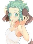  1girl alternate_costume alternate_hairstyle animal_ears arm_up breasts cleavage collarbone colored_eyelashes dog_ears dog_tail green_eyes green_hair hand_in_hair hand_up ishikkoro kasodani_kyouko looking_at_viewer messy_hair parted_lips shirt short_hair simple_background small_breasts solo tail tank_top touhou upper_body white_background white_shirt 