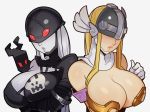  2girls angewomon blonde_hair breasts cleavage digimon grey_skin helmet highres ladydevimon long_hair mask multiple_girls splashbrush upper_body 