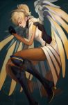  1girl absurdres black_boots bodysuit boots brown_legwear closed_eyes high_ponytail highres lens_flare lips long_hair mechanical_halo mechanical_wings mercy_(overwatch) nose overwatch pantyhose ponytail solo wings yixinhe 