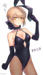  1girl ? animal_ears bare_shoulders black_gloves black_legwear blonde_hair braid breasts bunnysuit cleavage clenched_hand cowboy_shot dated elbow_gloves eyebrows eyebrows_visible_through_hair fake_animal_ears fate/stay_night fate_(series) gloves highres leotard looking_at_viewer pantyhose rabbit_ears saber saber_alter short_hair simple_background solo twitter_username white_background yellow_eyes yukihama 