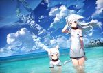 2girls animal_ears blue_sky blush clouds collar commentary_request dress izumi_sai long_hair looking_at_viewer multiple_girls ocean off_shoulder open_mouth original outdoors partially_submerged red_eyes scenery short_hair sky standing tail wading water wet white_dress white_hair wind 