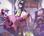  1boy 1girl baseball_cap bellsprout black_hair choker clefairy cropped_jacket drinking drinking_straw female_protagonist_(pokemon_go) ground_vehicle hat headphones jigglypuff male_protagonist_(pokemon_go) namie-kun oddish pikachu pokemon pokemon_(creature) pokemon_go short_hair sitting sleeping train train_interior twitter_username vaporeon weedle 