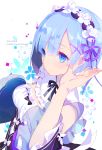  1girl astarone blue_eyes blue_hair dated detached_sleeves hair_ornament maid maid_headdress re:zero_kara_hajimeru_isekai_seikatsu rem_(re:zero) ribbon short_hair solo x_hair_ornament 