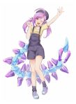  1girl ahoge contemporary female genderswap genderswap_(mtf) hat league_of_legends long_hair looking_at_viewer nam_(valckiry) one_eye_closed open_mouth overalls personification purple_hair scorpion_tail skarner solo twintails waving yellow_eyes 