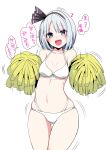  1girl absurdres amisu bikini blush cheerleader green_eyes hairband heart highres konpaku_youmu layered_bikini looking_at_viewer midriff navel open_mouth pom_poms short_hair silver_hair simple_background smile solo speech_bubble swimsuit text touhou translation_request white_background 