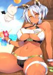  1girl 23_(real_xxiii) bikini blush bracelet breasts character_request cherry covered_nipples criss-cross_halter dark_skin drinking_straw flower food fruit glass halter_top halterneck headgear highres holding jewelry large_breasts long_hair navel orange orange_eyes phantasy_star phantasy_star_online_2 silver_hair sitting solo swimsuit twintails 