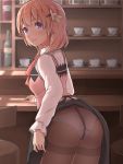  1girl ass blush cup gochuumon_wa_usagi_desu_ka? hair_ornament hairclip highres hoto_cocoa orange_hair panties panties_under_pantyhose pantyhose plate skirt skirt_lift solo stool teacup underwear uniform unusablenameaaa violet_eyes 