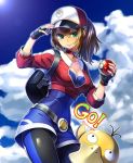  1girl aqua_eyes baseball_cap belt black_legwear blue_clothes blue_eyes breasts brown_hair cleavage copyright_name cropped_jacket female_protagonist_(pokemon_go) fingerless_gloves gloves hat holding holding_poke_ball jacket large_breasts leggings long_hair mitake_eiru poke_ball pokemon pokemon_(creature) pokemon_go ponytail psyduck red_jacket smile twitter_username 