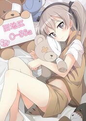  1girl bandages bare_legs barefoot blush boko_(girls_und_panzer) brown_eyes brown_hair commentary_request girls_und_panzer hair_ribbon hairband hood hoodie long_hair looking_at_viewer lying mobu on_side ribbon shimada_arisu short_sleeves shorts smile solo stuffed_animal stuffed_toy teddy_bear twintails 