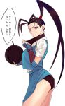  1girl antenna_hair arm_guards ass black_panties bomb capcom fingerless_gloves gloves high_ponytail highres ibuki_(street_fighter) looking_at_viewer mask_pull panties ponytail school_uniform skirt skirt_up solo speech_bubble street_fighter street_fighter_v sweat tetsu_(kimuchi) translated underwear 