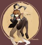  1girl alternate_costume animal_ears artist_name black_legwear black_shoes bow bowtie brown_eyes brown_hair bunny_girl bunnysuit card character_name fake_animal_ears holding holding_card kantai_collection lansane long_sleeves looking_at_viewer pantyhose poker_chip rabbit_ears shoes short_hair solo wakaba_(kantai_collection) 