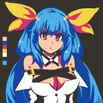  1girl akairiot blue_hair breasts cleavage color_palette detached_collar detached_sleeves dizzy flat_color guilty_gear hair_ribbon long_hair medium_breasts pink_eyes ribbon solo very_long_hair 
