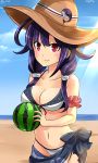  1girl adapted_costume ahoge arm_ribbon bare_shoulders beach bikini blush breasts cleavage collarbone cowboy_shot dated floral_print hair_flaps hat hebitsukai-san highres kantai_collection long_hair looking_at_viewer low_twintails navel purple_hair red_eyes ribbon sarong smile solo swimsuit taigei_(kantai_collection) twintails whale_print white_bikini 