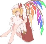  1girl barefoot blonde_hair expressionless flandre_scarlet flat_color frilled_skirt frills full_body hat mefomefo mob_cap puffy_short_sleeves puffy_sleeves red_eyes shirt short_sleeves side_ponytail skirt stuffed_animal stuffed_bunny stuffed_toy touhou vest wings 
