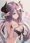  1girl :&gt; bikini breast_suppress breasts butterfly_earrings cleavage closed_mouth collarbone doraf double_bun granblue_fantasy grey_background hair_ornament hair_over_one_eye highres horns long_hair looking_at_viewer narumeia_(granblue_fantasy) navel pointy_ears purple_hair solo swimsuit usami_(ym1989) very_long_hair white_bikini 
