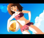  1girl :d ball bare_shoulders beachball bikini bikini_skirt blue_sky brown_hair clouds collarbone flat_chest frilled_bikini frills hair_ornament hair_scrunchie hand_on_hip kantai_collection letterboxed long_hair looking_at_viewer navel open_mouth red_bikini ryuujou_(kantai_collection) sahuyaiya scrunchie sky smile solo swimsuit teeth twintails 