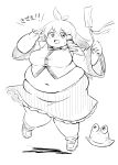  1girl :d absurdres antenna_hair big_belly breasts detached_sleeves fat flying hair_ornament highres kochiya_sanae large_breasts loafers long_hair looking_at_viewer meat_day monochrome navel nazotyu obese oonusa open_mouth pyonta shoes sketch skirt smile snake_hair_ornament socks solo sweat sweatdrop touhou undersized_clothes v v_over_eye vest wide-eyed 