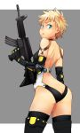  1girl ass assault_rifle blonde_hair blue_eyes butt_crack choker elbow_gloves gloves gun highres looking_back m16 parted_lips rifle sheairkuaki short_hair solo swimsuit thigh-highs weapon 