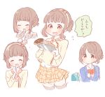  1girl :d ^_^ bangs blunt_bangs blush bow bowtie braid brown_eyes brown_hair closed_eyes double-breasted doughnut dropping flying_sweatdrops food french_braid hairband hand_on_own_chest hand_to_own_mouth multiple_persona neckerchief open_mouth pom_pom_(clothes) saku_usako_(rabbit) sidelocks simple_background sketch smile tears tokyo_7th_sisters tray tsunomori_rona waitress wavy_mouth white_background 
