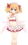  1girl bikini bikini_skirt blue_eyes blush bow frilled_bikini frills hair_bow highres looking_at_viewer maturiuta_sorato midriff navel red_bow short_hair simple_background solo standing sunny_milk swimsuit touhou twintails white_background wings 