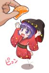  1girl :d arms_up artist_request barefoot black_hat blush bowl bowl_hat chibi food fruit full_body hat highres holding holding_food holding_fruit japanese_clothes jumping kimono long_sleeves looking_up minigirl open_mouth orange orange_slice purple_hair short_hair smile solo_focus sukuna_shinmyoumaru text touhou translation_request wide_sleeves 