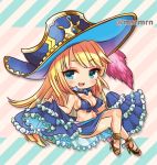  1girl awilda_(p&amp;d) bikini_top blonde_hair blue_eyes blush breasts chibi cleavage hat high_heels long_hair lowres marshmallow_mille midriff mole mole_under_eye pirate_hat puzzle_&amp;_dragons sideboob skirt smile solo very_long_hair 