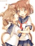  2girls :d :o absurdres animal_ears blush brown_eyes brown_hair cat_ears cat_tail commentary_request folded_ponytail hair_ornament hairclip highres ikazuchi_(kantai_collection) inazuma_(kantai_collection) kantai_collection kemonomimi_mode multiple_girls neckerchief open_mouth pleated_skirt sailor_collar school_uniform serafuku short_hair skirt smile tail twitter_username white_background zuho_(vega) 