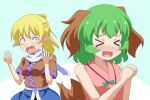  &gt;_&lt; 2girls :d angry animal_ears bare_arms bare_shoulders blonde_hair breasts cato_(monocatienus) closed_eyes commentary constricted_pupils dog_ears ears_down fang flat_chest floppy_ears green_hair jealous kasodani_kyouko medium_breasts mizuhashi_parsee multiple_girls narrowed_eyes open_mouth pointy_ears ponytail robe scarf short_hair sleeveless smile tears touhou xd 