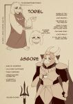  1boy 1girl armor asgore_dreemurr beard bespectacled cape character_name character_sheet claws clenched_hand crown cup directional_arrow english facial_hair fangs furry glasses highres horns monochrome no_humans pie polaris_(polarissketches) polearm popped_collar standing teacup toriel trident undertale watermark weapon web_address 