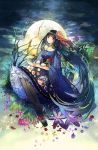  1girl bare_tree black_hair flower frills full_moon hair_flower hair_ornament highres long_hair looking_at_viewer moon original plant rabbit red_eyes slippers smile solo star_(sky) tree very_long_hair vima 