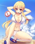  1girl adjusting_hair alternate_costume alternate_hairstyle arms_behind_head bikini biting_clothes blonde_hair bow breasts cleavage clouds cloudy_sky collarbone hair_bow highres liya long_hair looking_at_viewer medium_breasts navel red_bow road_sign sandals sign sky solo squatting swimsuit touhou white_bikini yakumo_yukari yellow_eyes 