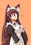  1girl alternate_costume amura_(artist) animal_ears blush brown_hair enmaided fang fingernails flying_sweatdrops hand_on_own_chest imaizumi_kagerou long_fingernails maid nail_polish open_mouth paw_print red_eyes red_nails solo touhou upper_body wolf_ears 