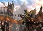  1girl armor armored_boots back bikini_armor blush boots castle clouds cloudy_sky denki dragon fantasy floating_hair flying gauntlets helmet holding holding_shield holding_weapon long_hair motion_blur original outdoors pauldrons polearm riding scenery sky solo_focus sunlight tower warrior weapon 