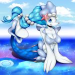  1girl blue_eyes blue_hair blue_skin breasts cleavage furry hair_bobbles hair_ornament highres large_breasts long_hair low-tied_long_hair madartraven mermaid monster_girl personification pokemon pokemon_(game) pokemon_sm popplio snout solo under_boob white_skin 