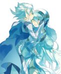  1boy 1girl aisutabetao aqua_(fire_emblem_if) armor blue_cape blue_hair blue_ribbon blush cape closed_eyes dress elbow_gloves fire_emblem fire_emblem_if gloves grin hand_on_another&#039;s_head happy hetero incipient_kiss long_hair my_unit_(fire_emblem_if) one_eye_closed pointy_ears ribbon simple_background smile veil very_long_hair white_background white_dress white_gloves white_hair yellow_eyes 