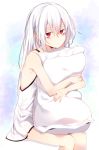  1girl bare_arms bare_shoulders closed_mouth dress expressionless haegiwa hair_between_eyes highres jitome long_hair original pillow pillow_hug redhead revision simple_background sitting sleeveless sleeveless_dress solo very_long_hair white white_background white_dress white_hair 