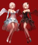  2girls angel_and_devil angel_wings ankle_lace-up arms_at_sides black_dress black_gloves black_legwear black_shoes blue_eyes breasts cleavage cross-laced_footwear demon_horns demon_wings dress dual_persona feathered_wings full_body gloves hair_ornament hair_over_one_eye hairclip hamakaze_(kantai_collection) highres horns kantai_collection layered_dress looking_at_viewer medium_breasts multiple_girls one_eye_covered red_background red_eyes red_wings shoes short_dress short_hair sleeveless sleeveless_dress symmetrical_pose to_nasu torn_clothes torn_dress white_dress white_gloves white_hair white_shoes white_wings wings 