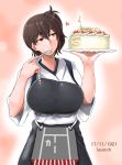 1girl breasts brown_eyes brown_hair cake eating food food_on_face fruit happy_birthday japanese_clothes kaga_(kantai_collection) kantai_collection large_breasts long_hair muneate pastry saizu_nitou_gunsou side_ponytail smile solo spoon strawberry 