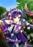  1girl arrow belt blue_eyes blue_sky bow_(weapon) braid drawing_bow female frills gloves hair_ornament hair_rings hairband highres leone_(sennen_sensou_aigis) looking_to_the_side necktie outdoors purple_hair quiver riding sennen_sensou_aigis sky solo tree weapon white_gloves yakinabe 