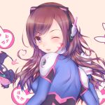  1girl ;d armor bangs blush bodysuit bracer breasts brown_eyes brown_hair charm_(object) covered_nipples d.va_(overwatch) eyebrows eyebrows_visible_through_hair facepaint facial_mark fang from_behind gloves gun handgun headphones high_collar highres hitomilook leaning_forward long_hair looking_at_viewer looking_back medium_breasts one_eye_closed open_mouth overwatch pauldrons pilot_suit pink_lips ribbed_bodysuit shoulder_pads simple_background small_breasts smile solo turtleneck upper_body weapon whisker_markings white_gloves 
