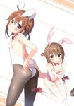  2girls alternate_costume animal_ears ass backless_outfit bare_shoulders blush breast_hold breasts brown_eyes brown_hair bunny_tail bunnysuit detached_collar from_above from_behind garter_straps hair_between_eyes head_tilt high_heels ikazuchi_(kantai_collection) inazuma_(kantai_collection) kantai_collection leotard looking_at_viewer multiple_girls off_shoulder rabbit_ears shima_(shima_je) sitting small_breasts standing tail thigh-highs thighs white_legwear 